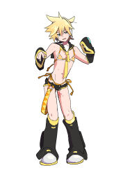 1boy absurdres adapted_costume bikini black_leg_warmers black_sailor_collar black_shorts black_sleeves blonde_hair blue_eyes commentary_request curry0124 detached_sleeves disgust full_body hands_up headphones headset highres kagamine_len leg_tattoo leg_warmers male_focus meme_attire micro_shorts miku_collar_bikini navel necktie orange_bikini parted_lips sailor_collar short_hair shorts simple_background solo standing striped_bikini striped_clothes sweat swimsuit tattoo vocaloid white_background white_bikini white_footwear yellow_necktie