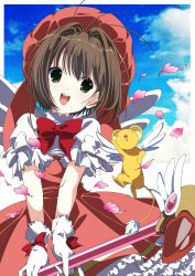 1girl 2000s_(style) blue_sky border bow bowtie brown_hair cardcaptor_sakura cloud collared_shirt dress faux_retro_artstyle fuuin_no_tsue gloves green_eyes hair_intakes hat highres holding holding_wand insomnia_(insomnia_plus) kero_(cardcaptor_sakura) kinomoto_sakura kinomoto_sakura_(magician) looking_to_the_side magical_girl mini_wings open_mouth petals petticoat puffy_short_sleeves puffy_sleeves red_bow red_bowtie red_dress red_hat shirt short_hair short_sleeves sky smile wand white_border white_gloves white_shirt wings