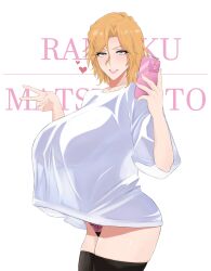 1girl absurdres black_thighhighs bleach bleach:_sennen_kessen-hen blonde_hair blue_eyes breasts cellphone collarbone female_focus gen.fleur highres holding holding_phone iphone large_breasts light_blush lips looking_at_viewer matsumoto_rangiku medium_hair mole mole_under_mouth peace_symbol phone selfie shirt simple_background smartphone thighhighs thighs white_background white_shirt