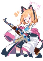 1girl absurdres akm animal_ears assault_rifle blonde_hair blue_archive blush cat_ears cat_tail counter-strike_(series) counter-strike_2 cowboy_shot fataaa gun halo highres kalashnikov_rifle medium_hair momoi_(blue_archive) pink_eyes rifle sidelocks smile solo sparkle tail thighhighs weapon