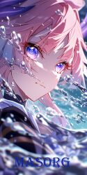 1girl absurdres ai-generated artist_name blue_bow blunt_bangs bow closed_mouth genshin_impact highres horns japanese_clothes masorg nontraditional_miko pink_hair purple_eyes sangonomiya_kokomi solo upper_body water