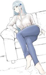 1girl aqua_hair barefoot breasts carpet casual clover_hair_ornament collarbone couch crossed_legs denim facial_mark female_focus girls&#039;_frontline green_eyes hair_ornament highres hk416_(girls&#039;_frontline) jeans long_hair long_sleeves pants shinoe_nun sitting sketch solo teardrop