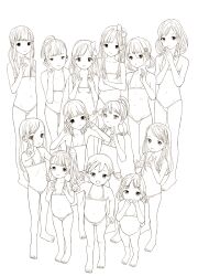 6+girls arm_up bikini bob_cut breasts child closed_mouth collarbone crossed_arms double_v flat_chest greyscale groin hair_between_eyes hair_ornament hair_ribbon hairclip highres kusanagi_koyori long_hair looking_at_viewer low_twintails micro_bikini milk_tissue_girl monochrome multiple_girls navel open_mouth palms_together ponytail ribbon short_hair short_twintails side_ponytail small_breasts smile swimsuit toddler twintails v white_background