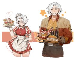 1boy 1girl alohapz apron artist_name belt buttons closed_eyes closed_mouth crinkle-cut_fries dessert dress earrings food french_fries hand_in_pocket highres holding holding_food holding_tray ice_cream jacket jewelry light_smile notepad original pale_skin pants pen red_dress shirt short_hair short_sleeves signature smile soda_bottle star_(symbol) striped_clothes striped_dress sundae teeth thighs tray waiter white_apron white_eyes white_hair yellow_shirt