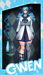 1girl absurdres ahoge badcompzero bikini black_bow black_sailor_collar black_skirt black_thighhighs bow breasts butt_plug character_doll collarbone dildo drill_hair green_hair gwen_(league_of_legends) hair_bow hair_ornament highres kneehighs large_breasts league_of_legends long_sleeves looking_at_viewer micro_bikini needle sailor_collar sewing_needle sex_toy shirt skirt socks solo string_bikini striped_clothes striped_thighhighs swimsuit thighhighs twin_drills twintails white_shirt white_thighhighs x_hair_ornament