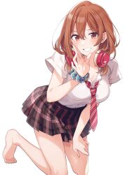 Rule 34 | 1girl, absurdres, bare legs, barefoot, blue scrunchie, blush, breasts, brown eyes, brown hair, collared shirt, commentary request, cover, cover image, cover page, double-parted bangs, grin, hair between eyes, hand on own thigh, hand up, headphones, headphones around neck, highres, kneeling, kohinata iroha (imouuzai), leaning forward, looking at viewer, medium hair, miniskirt, necktie, novel cover, official art, plaid clothes, plaid skirt, pleated skirt, red necktie, school uniform, scrunchie, second-party source, shirt, short sleeves, sidelocks, simple background, skirt, smile, solo, textless version, tomari (veryberry00), tomodachi no imouto ga ore ni dake uzai, white background, white shirt, wing collar, wrist scrunchie