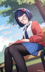 1girl absurdres ahoge artist_name bench black_pantyhose blue_hair blue_necktie blue_skirt blue_sky blush book closed_eyes commentary_request commission english_text glasses hair_ornament highres jacket mila_(miside) miside mita_(miside) n2o necktie on_bench open_book outdoors pantyhose red_jacket shirt short_hair sitting skirt sky solo tree twitter_username white_shirt