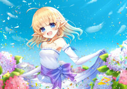 1girl absurdres ahoge bare_shoulders belt_ribbon blonde_hair blue_eyes blue_sky breasts dress elbow_gloves emn fam_valhoef field flower flower_field frilled_dress frills gloves hair_ornament highres iris_mysteria! looking_at_viewer open_mouth pointy_ears ribbon skirt sky small_breasts smile white_dress white_gloves