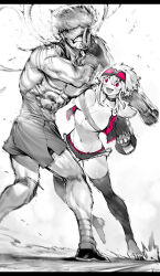 1boy 1girl absurdres bouncing_breasts breasts happy highres motion_blur muscular muscular_male niwarhythm punching short_hair short_shorts shorts teeth