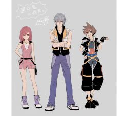 Rule 34 | 1girl, 2boys, black gloves, black shoes, blue eyes, blue pants, brown hair, commentary request, crossed arms, dress, fingerless gloves, gloves, green eyes, grey hair, grin, jewelry, kairi (kingdom hearts), kingdom hearts, kingdom hearts ii, multiple boys, necklace, pants, pink dress, red eyes, red hair, riku (kingdom hearts), shoes, short dress, smile, sora (kingdom hearts), translation request, umidesuyo, vest, white vest
