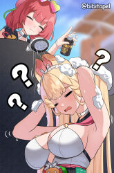 2girls ? ?? absurdres alice_thymefield alice_thymefield_(sea_of_thyme) alternate_hairstyle animal_ears bibitapel blonde_hair blush breasts closed_eyes commentary eyewear_on_head hair_down hairband heart heart-shaped_eyewear highres large_breasts long_hair multiple_girls official_alternate_costume open_mouth outdoors prank rabbit_ears rabbit_girl red_hair shampoo_bottle showering sphere_hair_ornament twitter_username ukinami_yuzuha ukinami_yuzuha_(tanuki_in_broad_daylight) white_hairband zenless_zone_zero