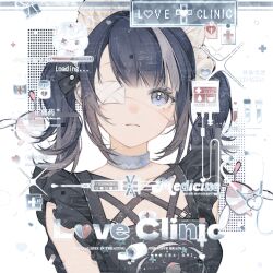 1girl bare_shoulders black_bow black_dress black_hair blue_choker blue_eyes blunt_bangs bow choker closed_mouth criss-cross_straps dress expressionless eyelashes eyepatch frilled_dress frills frown grey_hair hair_bow halftone hou_mianbao_gou infinity_nikki light_blush maid_headdress medical_eyepatch medium_hair multicolored_hair nikki_(series) pill_print ribbon-trimmed_dress ribbon_trim sample_watermark sleeveless sleeveless_dress solo sparkle streaked_hair too_many_watermarks twintails two-tone_hair upper_body watermark white_background