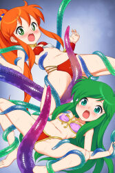 2girls armor arms_up ayanokouji_rem barefoot bikini bikini_armor blush breasts caron_(rall) commission commissioner_upload covered_erect_nipples crossover dream_hunter_rem feet fugetsu_taku green_eyes green_hair grinding highres legs long_hair multiple_girls navel open_mouth orange_hair pink_bikini ponytail rape red_bikini restrained sf_choujigen_densetsu_rall skeb_commission small_breasts spread_legs stomach swimsuit tentacles thighs toes translucent