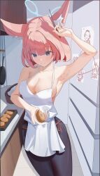 1girl absurdres animal_ear_fluff apron arm_up armpits black_pantyhose blue_archive blue_eyes blue_halo bread breasts chopsticks cleavage cowboy_shot food halo highres holding holding_chopsticks holding_food kontrol niko_(blue_archive) pantyhose pink_hair sideboob smile solo white_apron