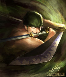 1boy bandana commentary foreshortening green_bandana green_eyes grin highres holding holding_sword holding_weapon katana looking_at_viewer male_focus mouth_hold multiple_swords narutocuhh one_eye_covered one_piece perspective roronoa_zoro scar scar_across_eye scar_on_face signature smile solo sword topless_male tumblr_username watermark weapon web_address