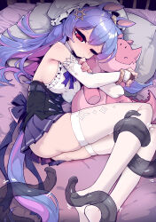 Rule 34 | 1girl, absurdres, animal ears, breasts, bridal gauntlets, chinese commentary, closed mouth, commentary request, elbow gloves, gloves, high-waist skirt, highres, horse ears, horse girl, horse tail, hugging object, imazawa, large breasts, large variant set, long hair, lying, miniskirt, multicolored hair, no shoes, on side, one eye closed, original, paid reward available, pillow, pink hair, pleated skirt, purple hair, purple skirt, red eyes, shirt, sideboob, sideless shirt, skirt, solo, stuffed animal, stuffed toy, tail, tentacles, thighhighs, two-tone hair, variant set, white gloves, white shirt, white thighhighs