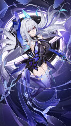 1girl absurdres breasts cleavage_cutout closed_mouth clothing_cutout dress floating from_above genshin_impact hair_ornament high_heels highres holding holding_sword holding_weapon large_breasts long_hair looking_at_viewer looking_up pink_eyes prosthesis prosthetic_arm prosthetic_leg purple_dress rx-c shards skirk_(genshin_impact) sleeveless sleeveless_dress solo sword weapon white_hair