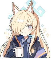 1girl :&lt; animal_ear_fluff animal_ears black_jacket blue_archive blue_gloves blue_halo blue_necktie blue_shirt blush closed_mouth collared_shirt commentary cropped_torso cup dog_ears extra_ears flower_symbol gloves grey_eyes hair_over_one_eye halo highres holding holding_cup jacket kanna_(blue_archive) long_sleeves looking_at_viewer mug necktie open_clothes open_jacket shirocha_tei shirt simple_background solo twitter_username white_background