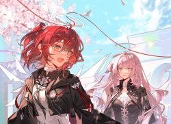 2girls :d absurdres animal arknights bird black_jacket cherry_blossoms chinese_commentary closed_mouth collared_jacket commentary_request day detached_wings dove earrings exusiai_(arknights) exusiai_the_new_covenant_(arknights) flower hair_between_eyes halo highres jacket jewelry lemuen_(arknights) lens_flare long_hair looking_at_another medium_hair multiple_girls one_side_up open_mouth outdoors pink_flower pink_hair red_hair red_ribbon ribbon shenbeining79537 smile traditional_halo turning_head upper_body white_bird white_halo wings yellow_eyes