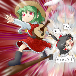 1girl acoustic_guitar ascot black_hair female_focus grabbing_another&#039;s_hair green_hair guitar hair_tubes hakurei_reimu hat hoe instrument kazami_yuuka motion_lines plaid_clothes plaid_skirt plaid_vest red_eyes reisen_udongein_inaba riding short_hair skirt skirt_set smile straw_hat tears touhou translated vest worktool yagokoro yaso_shigeru yukkuri_shiteitte_ne