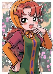 1girl absurdres bonnet border commentary_request curly_hair dragon_quest dragon_quest_vii dress flower green_eyes hand_on_own_hip highres light_blush long_hair long_sleeves looking_to_the_side maribel_(dq7) mosaic_background moyapippi open_mouth orange_hair pink_flower shirt_under_dress solo teeth upper_body upper_teeth_only white_border yellow_bonnet yellow_sleeves