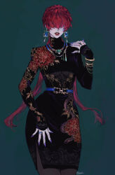 1girl breasts cleavage_cutout clothing_cutout curvy dress earrings female_focus floral_print flower huge_breasts jewelry large_breasts long_hair long_sleeves nail_polish pale_skin ponytail red_hair redeye_rei see-through_clothes shermie_(kof) the_king_of_fighters thick_thighs thighs twintails wide_hips