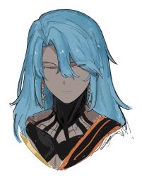 1boy ashoka_(fate) blue_hair cropped_shoulders dark-skinned_male dark_skin earrings fate/grand_order fate_(series) jewelry long_hair male_focus nyokinyoki_18 simple_background smile solo white_background yellow_eyes