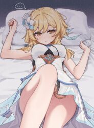 ... 1girl bare_arms blonde_hair breasts dated dress earrings feather_earrings feathers feet_out_of_frame flower genshin_impact hair_flower hair_ornament highres indoors inteyvat_flower_(genshin_impact) jewelry looking_at_viewer lumine_(genshin_impact) lying medium_breasts on_back on_bed q_(oshikuraq) short_hair_with_long_locks sidelocks sleeveless sleeveless_dress solo spoken_ellipsis twitter_username white_dress yellow_eyes