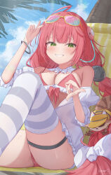 1girl absurdres bikini blush bow braid breasts eyewear_on_head green_eyes hair_bow highres kabomeel_lse knees_up large_breasts looking_at_viewer open_clothes outdoors red_bikini red_hair shirt sitting smile solo swimsuit thigh_strap tinted_eyewear twin_braids ukinami_yuzuha white_shirt zenless_zone_zero