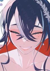 1girl absurdres black_hair blush carmine_(pokemon) collarbone colored_inner_hair crossed_bangs earrings eyelashes facing_viewer hair_between_eyes highres jewelry mole mole_under_eye multicolored_hair nintendo pokemon pokemon_sv red_hair saotome_(neptune_0416) smile solo teeth two-tone_hair upper_body
