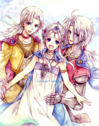00s 1girl 2boys blue_eyes cape choker copyright_name dress fantastic_children happy long_hair mochineko multiple_boys ponytail sesu soran tiara tina_(fantastic_children) white_hair
