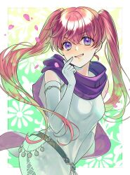 1girl dress elbow_gloves fire_emblem fire_emblem:_the_blazing_blade gloves hair_between_eyes kiyuu long_hair looking_at_viewer nintendo petals pink_hair purple_eyes purple_scarf scarf serra_(fire_emblem) smile solo twintails white_dress white_gloves
