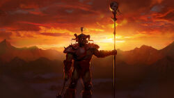 1boy absurdres armor blizzard_(company) grunt_(warcraft) helmet highres mace mountain non-web_source official_art orc orc_(warcraft) polearm remastered spear sun victory warcraft warcraft_ii weapon