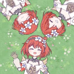 Rule 34 | 3girls, angel wings, black hairband, dress, eye mask, flower, gloves, hair flower, hair ornament, hairband, head wreath, highres, honkai: star rail, honkai (series), lying, multiple girls, on back, on grass, pointy ears, red hair, short hair, smile, teana fm, trianne (honkai: star rail), tribbie (honkai: star rail), trinnon (honkai: star rail), triplets, white dress, wings