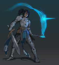 1girl alpyro armor artist_name belt belt_buckle belt_pouch black_hair blue_eyes brown_belt buckle casting_spell commentary cuirass cuisses dark-skinned_female dark_skin dragon_print elden_ring english_commentary full_body gauntlets gradient_background greaves grey_background high_ponytail highres holding holding_sword holding_wand holding_weapon legs_apart magic pauldrons poleyn ponytail pouch rerebrace sabaton scar scar_on_face shadow short_hair shoulder_armor shoulder_spikes solo spiked_armor spiked_pauldrons spikes standing sword tarnished_(elden_ring) wand weapon