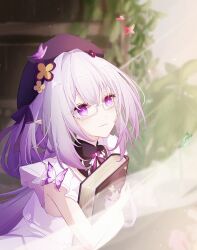 1girl beret book butterfly_ornament castorice_(honkai:_star_rail) dress glasses hashtag-only_commentary hat highres holding holding_book honkai:_star_rail honkai_(series) iooqq long_hair pointy_ears purple_eyes purple_hair solo twitter_username white_dress