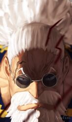 1boy artist_name ayafsm beard closed_mouth commentary english_commentary facial_hair highres long_hair looking_at_viewer male_focus mustache old old_man one_piece red_eyes round_eyewear scar scar_on_face scopper_gaban solo sunglasses twitter_username white_hair