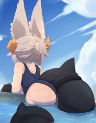 Rule 34 | absurdres, animal ears, arched back, ass, ass focus, back, blue sky, colored skin, dragon boy, dragon horns, dragon tail, dropping, fins, fish tail, fox ears, from behind, from below, girly boy, grey hair, highres, horns, huge ass, long hair, male focus, nade arts, original, pool, school swimsuit, shark tail, short hair, sky, solo, solo focus, summer, sun, swimsuit, tail, thick thighs, thigh strap, thighs, water, water drop, wet, zaphy (nade arts)