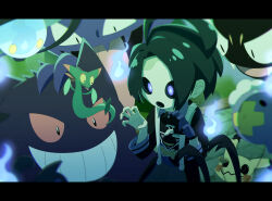 1boy absurdres ahoge allister_(pokemon) black_hair black_shirt blue_fire bright_pupils claw_pose commentary_request creatures_(company) dreepy drifloon fire game_freak gastly gen_1_pokemon gen_4_pokemon gen_5_pokemon gen_7_pokemon gen_8_pokemon gengar gloves hands_up haunter highres lampent looking_down male_focus mask mimikyu nintendo official_style partially_fingerless_gloves pokemon pokemon_(creature) pokemon_swsh purple_eyes shirt short_hair single_glove sissel0104 suspenders