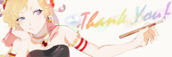 1girl art_brush bad_id bad_pixiv_id blonde_hair blue_eyes closed_mouth commentary_request dress earrings female_focus final_fantasy final_fantasy_vi hat jewelry paintbrush relm_arrowny short_hair simple_background smile solo thank_you yawai_tofu