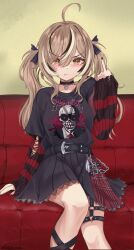 1girl ahoge angry belt black_bow black_choker black_hair black_leg_warmers black_shirt black_skirt black_sweater blush bow brown_eyes brown_hair choker couch emo_fashion hair_between_eyes hair_bow heart heart_choker highres hololive hololive_english huge_ahoge lace-trimmed_choker lace_trim leg_warmers long_hair looking_at_viewer middle_finger multicolored_hair nanashi_mumei nanashi_mumei_(emo) nightmare_(nanashi_mumei) official_alternate_costume official_alternate_hairstyle on_couch pleated_skirt pout profanity red_skirt red_sweater scowl shirt shirt_tucked_in sitting skirt solo streaked_hair striped_clothes striped_sweater sweater sweater_under_shirt torn_clothes torn_sweater twintails two-tone_sweater varo_006 virtual_youtuber white_hair