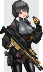 1girl ammunition_pouch assault_rifle bags_under_eyes black_gloves black_jacket bodystocking breasts buckle chest_harness chest_rig explosive fingerless_gloves gloves grenade grey_background grey_hair grey_leotard gun handgun harness headset highres holding holding_grenade holster jacket leotard looking_at_viewer low_twintails magazine_(weapon) medium_breasts nail_polish off_shoulder orange_eyes original pouch rifle scissors scope snap-fit_buckle solo sunao_(70_the) thigh_holster thighhighs trigger_discipline twintails weapon weapon_request