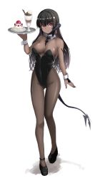 1girl absurdres au_ra warrior_of_light_(ff14) black_leotard black_pantyhose bow bowtie breasts dark-skinned_female dark_skin detached_collar dragon_horns dragon_tail earrings final_fantasy final_fantasy_xiv food full_body highleg highleg_leotard highres horns ice_cream jewelry kaname_nagi leotard long_hair looking_at_viewer medium_breasts pantyhose red_eyes scales solo strapless strapless_leotard sundae tail tray white_background wrist_cuffs