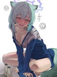 1girl absurdres animal_ear_fluff animal_ears barefoot blue_archive blue_eyes blue_hair blue_kimono blush breasts cleavage collarbone drunk highres indian_style japanese_clothes kimono looking_at_viewer official_alternate_costume open_mouth sakana_(whhy8883) shigure_(blue_archive) shigure_(hot_spring)_(blue_archive) sitting solo tail teeth upper_teeth_only weasel_ears weasel_girl weasel_tail