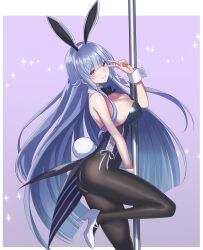 1girl absurdres animal_ear_hairband animal_ears ass bare_shoulders black_bow black_bowtie black_leotard blunt_ends border bow bowtie breasts cleavage commentary counter:side detached_collar fake_animal_ears fake_tail from_side hairband half_updo hand_up high_heels highleg highleg_leotard highres korean_commentary large_breasts leg_up leotard long_hair official_alternate_costume osunahanko outside_border pantyhose playboy_bunny pole pole_dancing purple_background rabbit_ears rabbit_tail red_eyes shoes side-tie_leotard smile solo sparkle strapless strapless_leotard swan_claire tail v v_over_eye very_long_hair white_border white_shoes wrist_cuffs