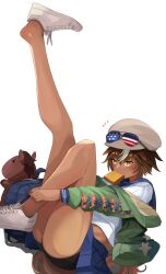 1girl absurdres bag bike_shorts_under_skirt black_shorts blue_bag blue_sailor_collar blue_skirt bread bread_slice brown_hair dark-skinned_female dark_skin eyewear_on_headwear food food_in_mouth green_jacket grey_hair highres horse horse_girl horse_tail jacket mouth_hold multicolored_hair open_clothes open_jacket pleated_skirt sailor_collar school_bag school_uniform second-party_source shirt shoes short_hair shorts skirt sora_no_tori streaked_hair tail toast toast_in_mouth tomoe_umari umarmy_(tomoe_umari) v-dere white_hair white_shirt white_shoes
