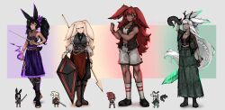 Rule 34 | 4girls, absurdres, alternate costume, ancient rabbit, animal ear piercing, animal ears, antlers, belt, black belt, black footwear, black hair, black horns, black pants, black pantyhose, black shirt, black vest, blonde hair, blunt bangs, boots, bra, braid, breasts, brown belt, bruiser rabbit, cleavage, closed mouth, commentary, dark-skinned female, dark skin, defender rabbit, dragon, drill hair, earrings, english commentary, expressionless, fire, floppy ears, foil (fencing), full body, green eyes, green skirt, grey shorts, half up braid, highres, holding, holding polearm, holding shield, holding sword, holding weapon, horns, jewelry, juliet sleeves, lace shirt, loafers, long hair, long skirt, long sleeves, looking at another, looking at viewer, looking to the side, lygofer, medium breasts, multiple girls, muscular, muscular female, open clothes, open shirt, pants, pants tucked in, pantyhose, pelvic curtain, plaid clothes, plaid shirt, polearm, puffy sleeves, purple fire, purple skirt, rabbit and steel, rabbit ears, rabbit girl, red eyes, red hair, reference inset, shield, shirt, shoes, shorts, skirt, sleeveless, sleeveless shirt, small breasts, small dragon, smile, socks, spear, spellsword rabbit, sword, torn clothes, torn shirt, twin drills, underwear, vest, weapon, white bra, white hair, white shirt, white socks
