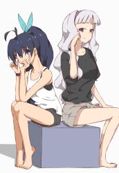 2girls adjusting_hair ahoge antenna_hair aqua_eyes barefoot black_hair bow breasts collarbone eyelashes fang feet female_focus full_body ganaha_hibiki hair_between_eyes hair_bow hair_ornament hairband hand_on_own_thigh hand_up hands_up head_rest height_difference high_ponytail highres idolmaster idolmaster_(classic) large_breasts legs legs_together long_hair looking_at_viewer looking_to_the_side multiple_girls namco neck parted_bangs ponytail purple_eyes purple_hairband shijou_takane shirt short_shorts shorts sidelocks simple_background sitting smile t-shirt tank_top thighs tiptoes toes watch white_background white_hair wide_ponytail wristwatch