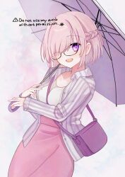 1girl absurdres bag collared_shirt fate/grand_order fate_(series) glasses gradient_background harukappa highres holding holding_umbrella long_sleeves looking_at_viewer mash_kyrielight pink_skirt purple_eyes purple_hair shirt shoulder_bag skirt solo striped_clothes striped_shirt umbrella