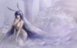 1girl absurdres animal_ears azur_lane backless_dress backless_outfit blue_eyes blue_hair breasts bridal_veil cleavage dress eee fake_animal_ears gloves highres large_breasts long_hair looking_at_viewer new_jersey_(azur_lane) new_jersey_(snow-white_ceremony)_(azur_lane) official_alternate_costume rabbit_ears solo veil very_long_hair wedding_dress white_dress white_gloves